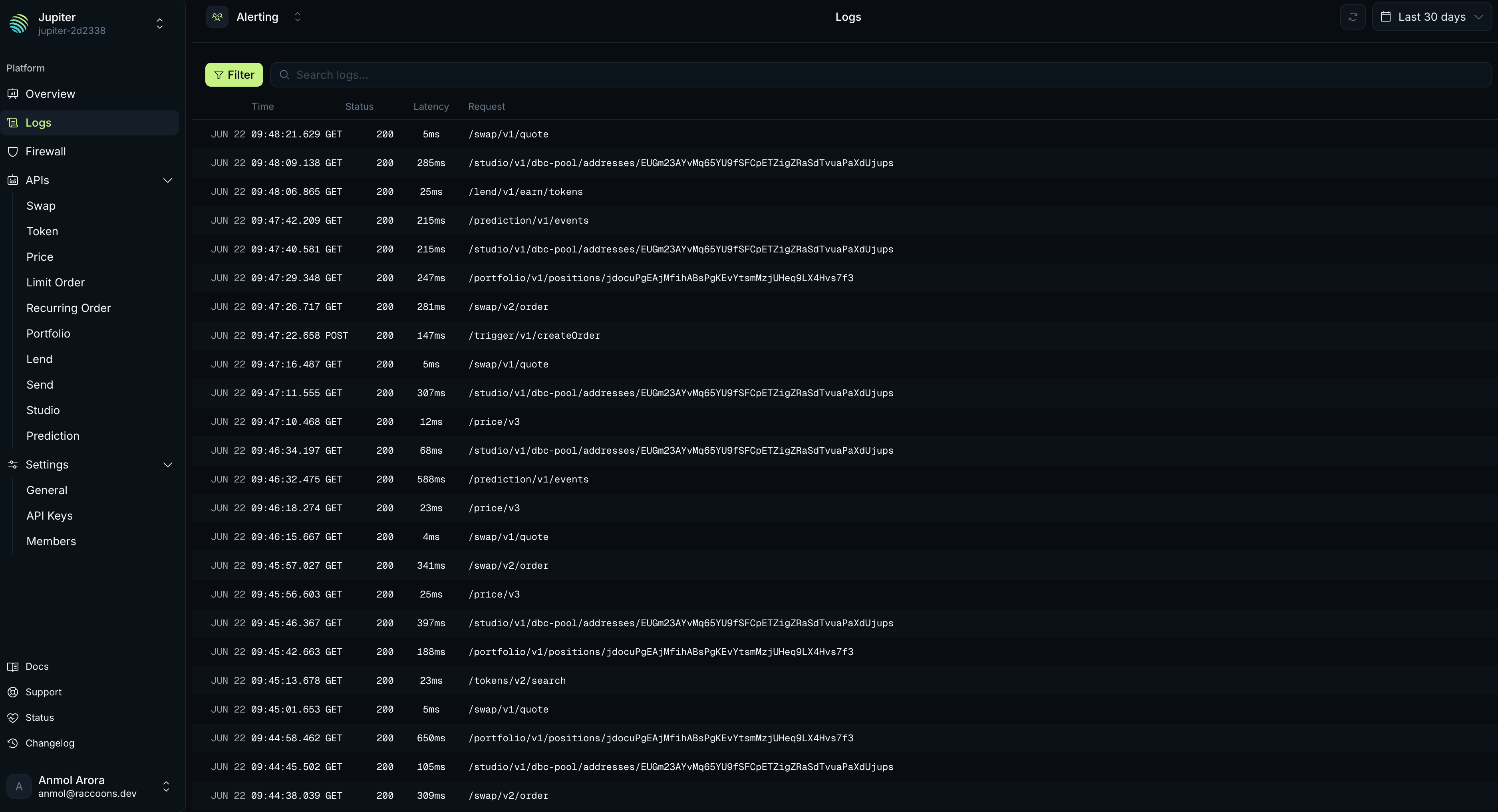 Request logs list in Portal with status, method, API group, and path filters applied