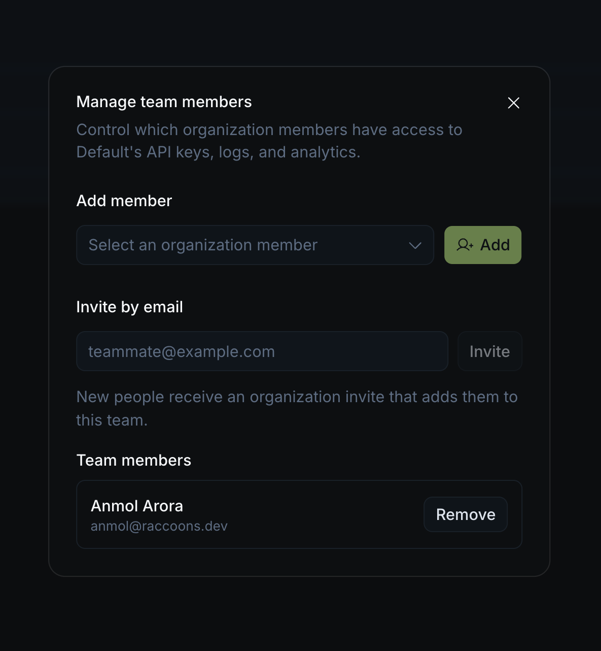 Invite member dialog and the organisation members table showing roles