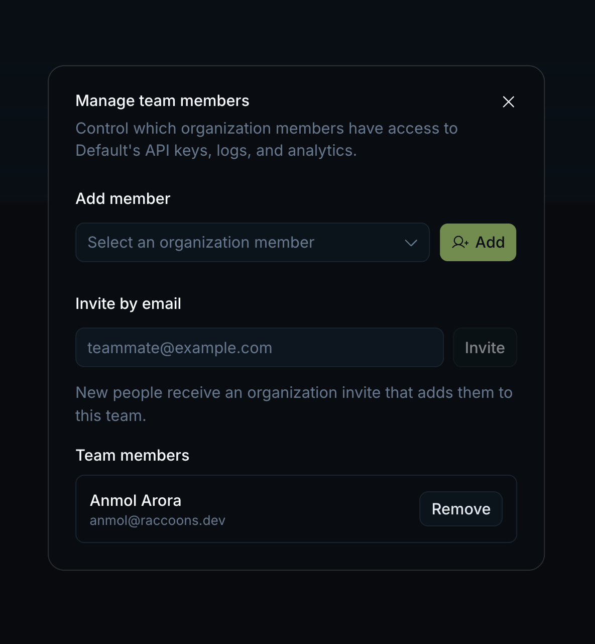 Invite member dialog and the organisation members table showing roles