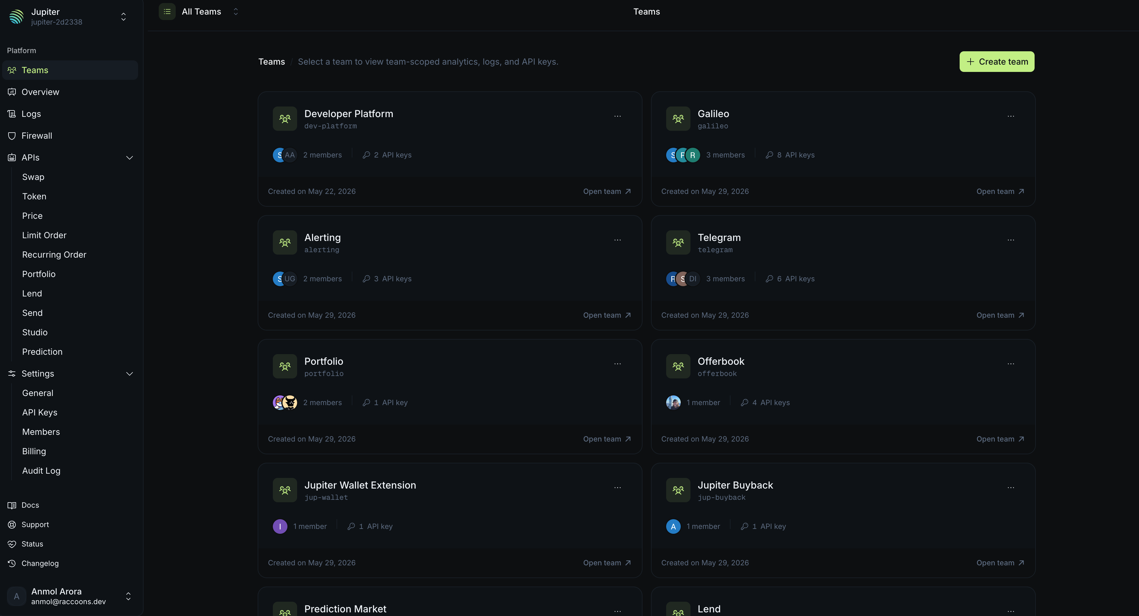 Teams grid in Portal showing each team with its member count and API key count