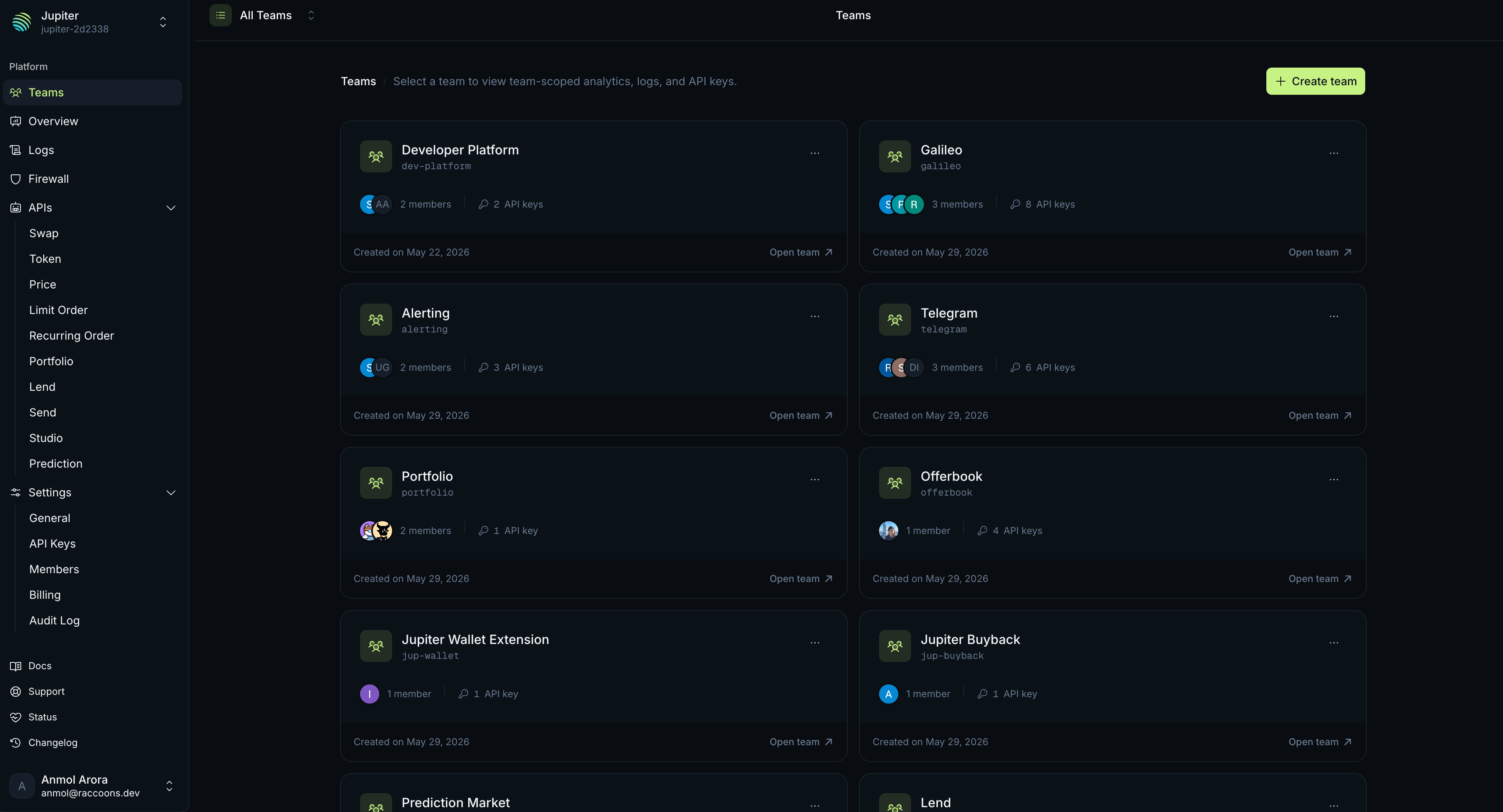 Teams grid in Portal showing each team with its member count and API key count