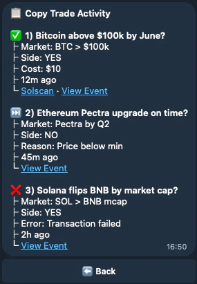 Activity log showing executed, skipped, and failed copy trades