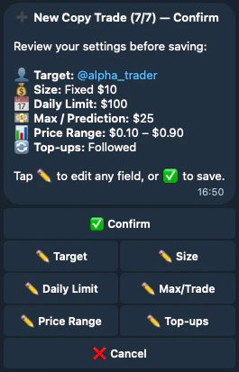Confirmation screen showing all copy trade settings