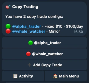 Copy Trading dashboard showing active and paused configs