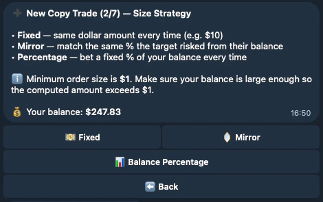 Size strategy selection with Fixed, Mirror, and Balance Percentage options