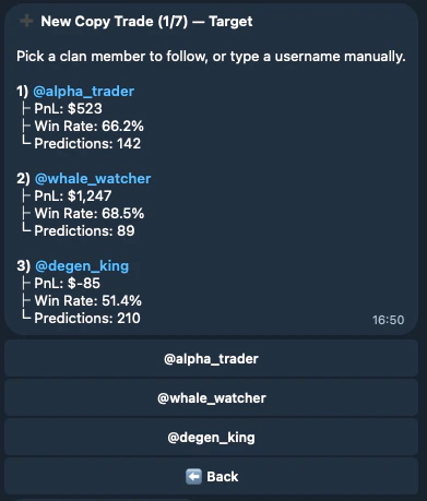 Target selection showing clan members with stats