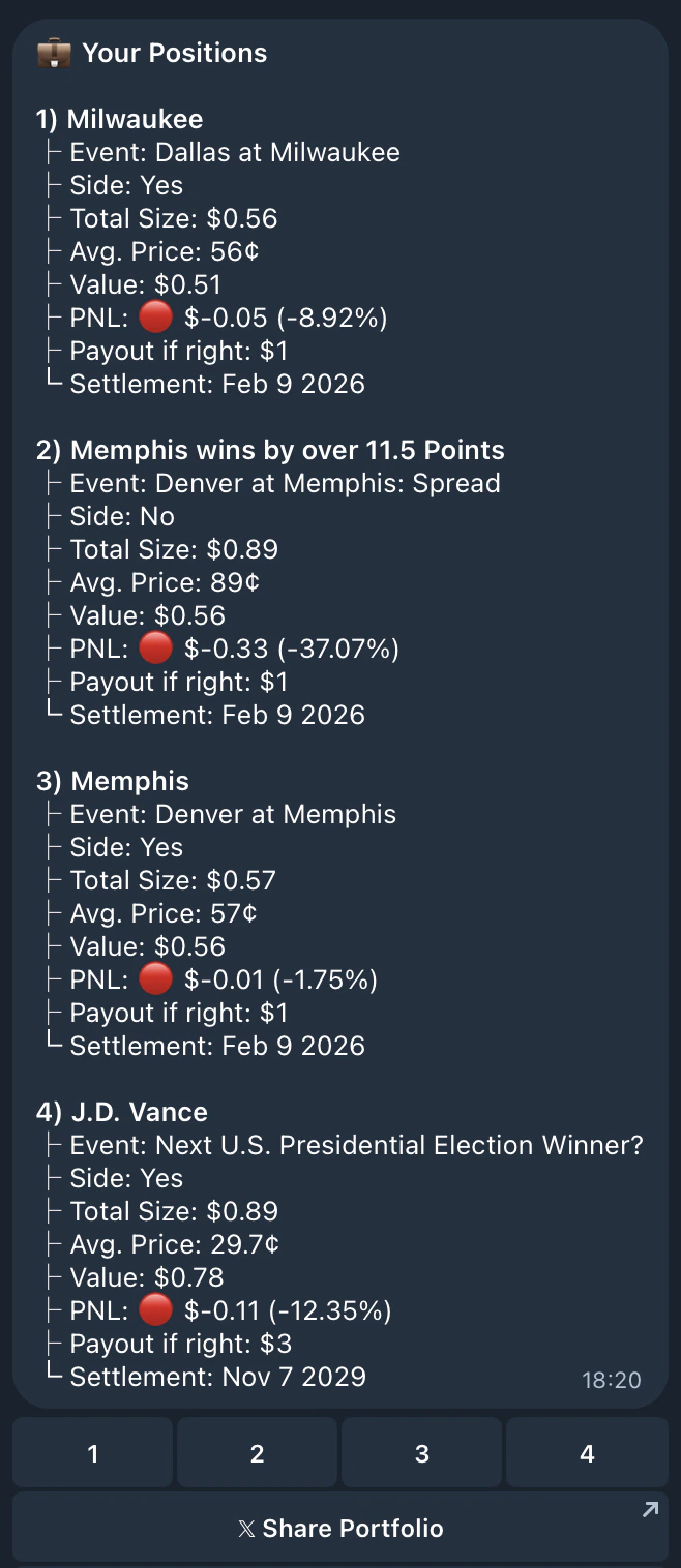 Positions list showing active predictions