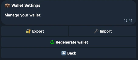 Wallet settings screen