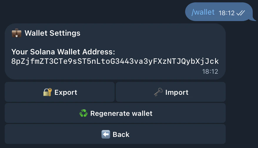 Wallet main screen showing address and options
