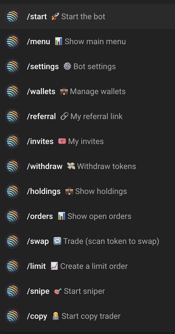 Bot commands menu showing all available slash commands