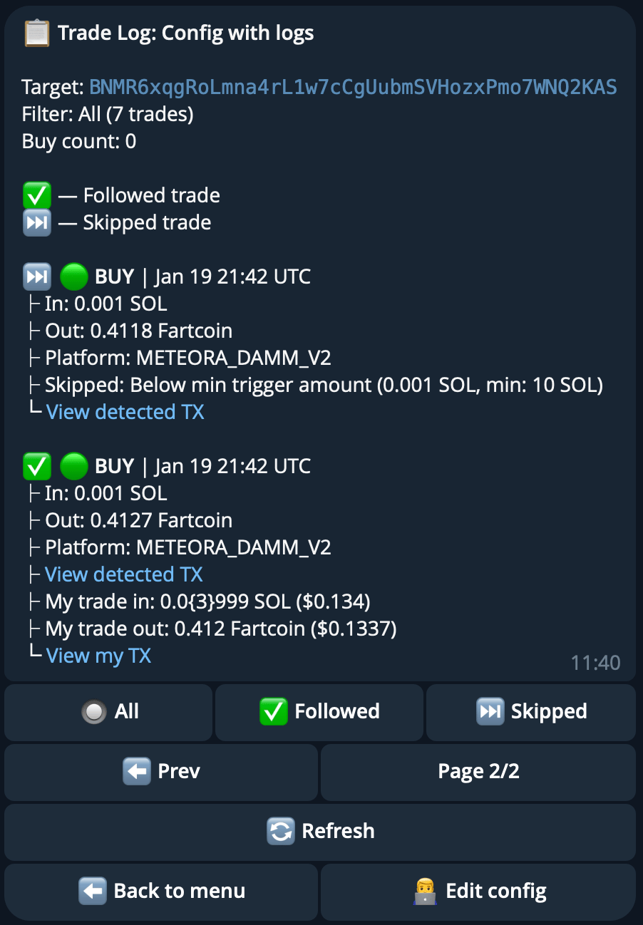 Copy trade logs