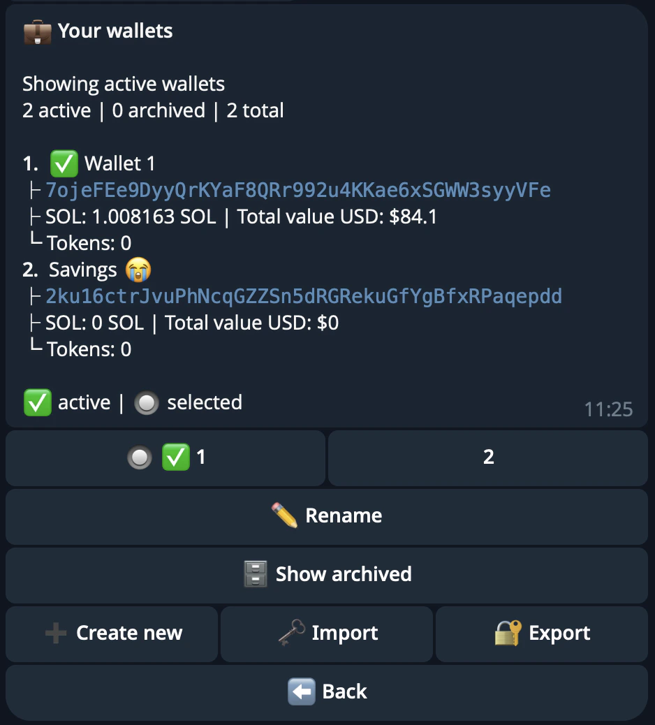 Wallet Settings screen