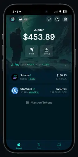 Animation: from the Jupiter Mobile app, opening Jupiter Lend on jup.ag, choosing the USDC vault, entering 100 USDC, tapping Deposit, confirming the transaction, and the Deposit Successful message
