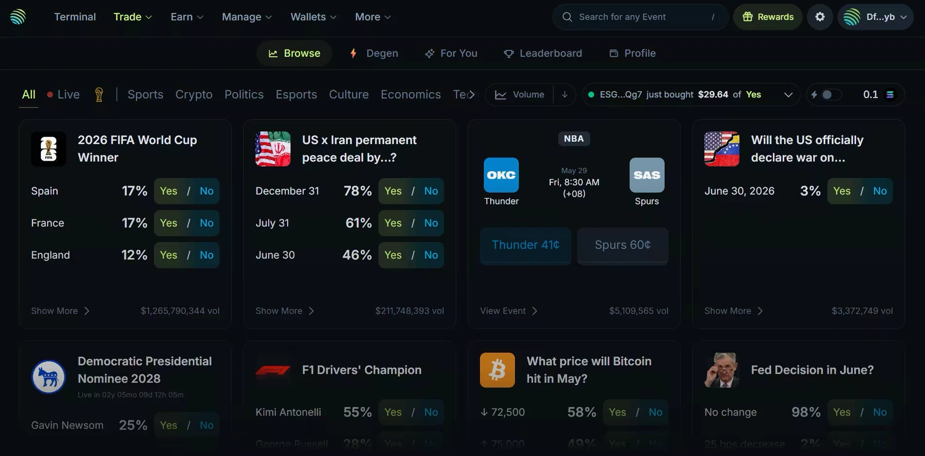 The Browse page of Jupiter Predict with category filters (Live, Sports, Crypto, Politics, Esports, Culture, Economics) and event cards showing each outcome's price with Yes and No buttons