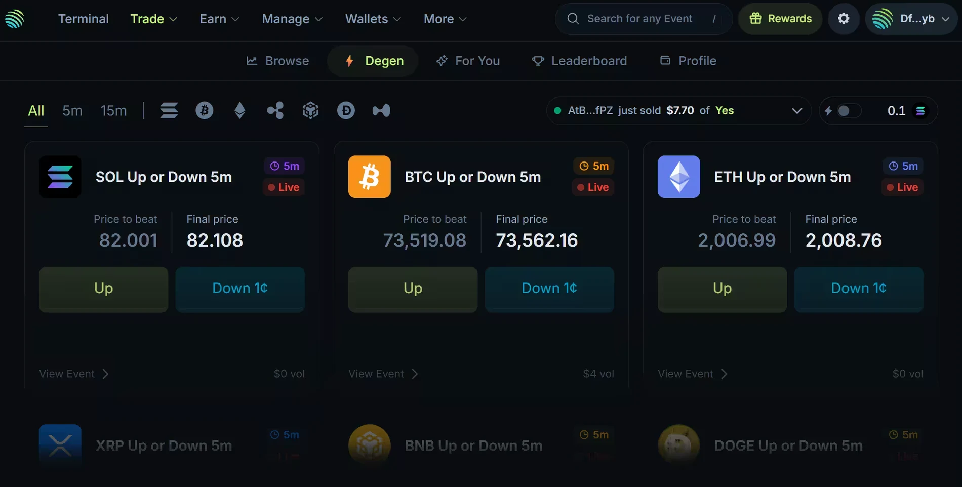 Degen markets on Jupiter Predict: five-minute SOL, BTC and ETH Up or Down cards, each with its Price to beat, Final price, and Up and Down buttons