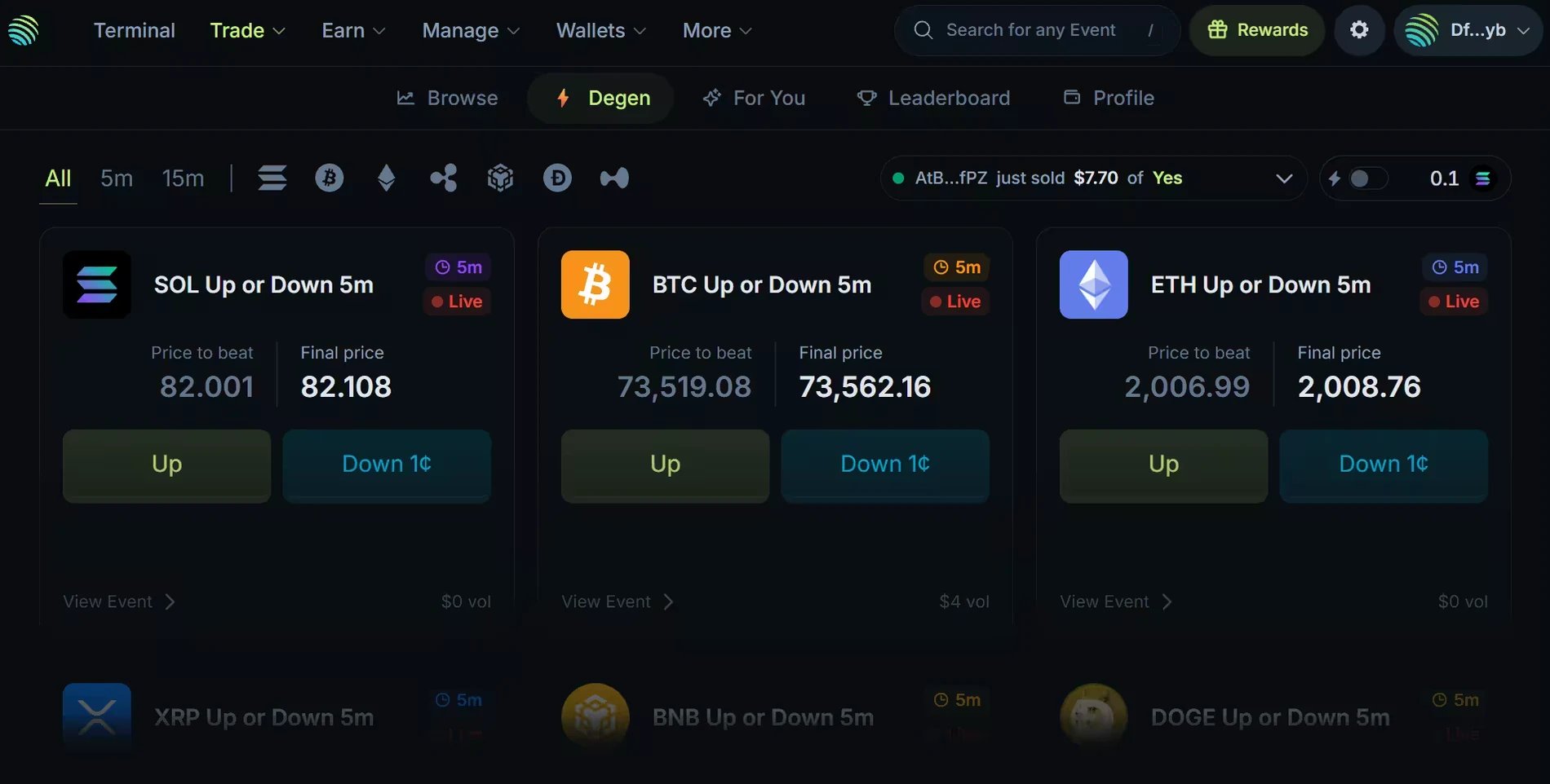 Degen markets on Jupiter Predict: five-minute SOL, BTC and ETH Up or Down cards, each with its Price to beat, Final price, and Up and Down buttons