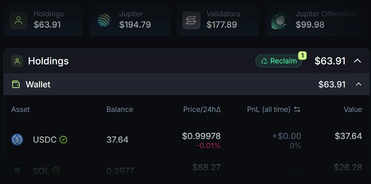 The Holdings header of the Positions tab with the Reclaim button and a badge showing 1