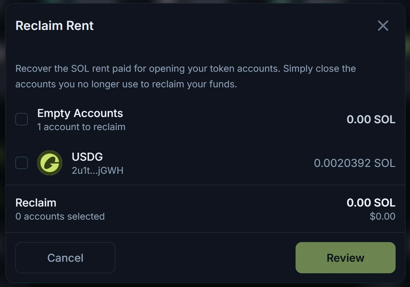 The Reclaim Rent dialog listing a USDG token account with the SOL it returns, a Reclaim total, and the Cancel and Review buttons