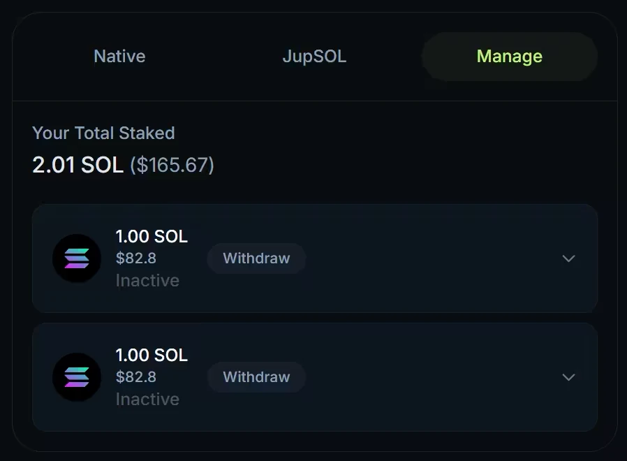 The Manage tab with Your Total Staked and two 1 SOL stake accounts, each marked Inactive with a Withdraw button