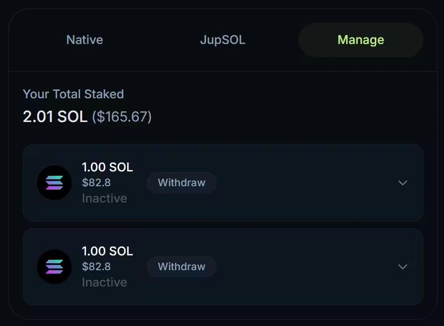 The Manage tab with Your Total Staked and two 1 SOL stake accounts, each marked Inactive with a Withdraw button