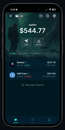 Animation: from the Jupiter Mobile app, opening jup.ag in the dApp browser, choosing Stake SOL, entering 1 SOL on the Native tab, tapping Delegate, confirming the transaction, then the Manage tab showing the new stake activating