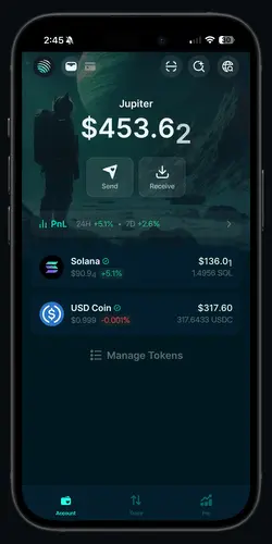 Animation of the Jupiter Mobile app: the Trade tab on Market, choosing USDC to sell and SOL to buy, entering 20 on the keypad, a Gasless badge under the quote, then Swap and a Swap successful message