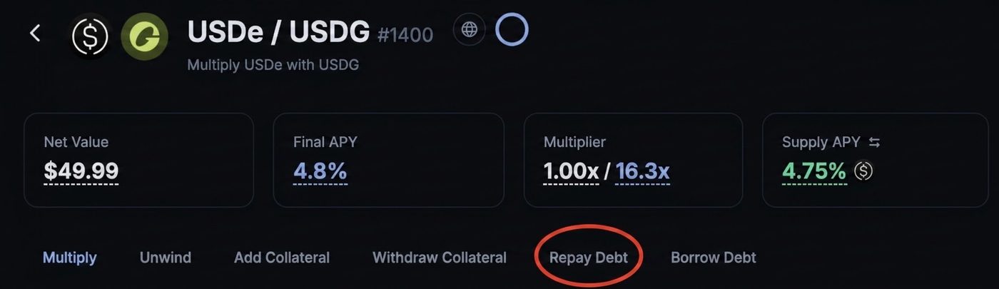 The USDe / USDG Multiply position page, with the Repay Debt tab highlighted among Multiply, Unwind, Add Collateral, Withdraw Collateral, Repay Debt and Borrow Debt