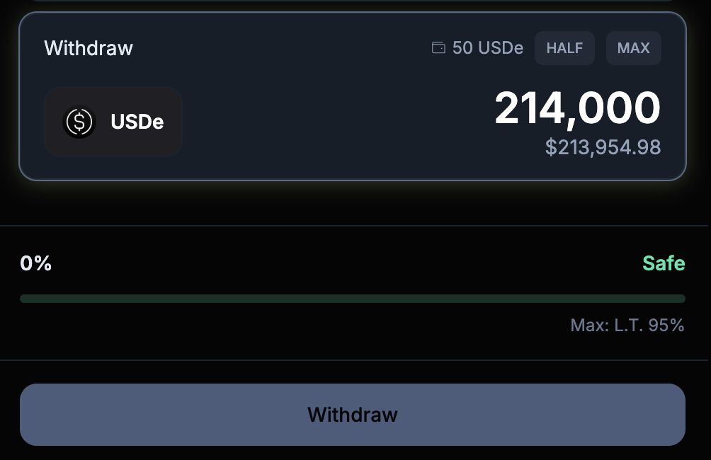 The Withdraw form with 214,000 USDe entered, a Safe position status and the Withdraw button