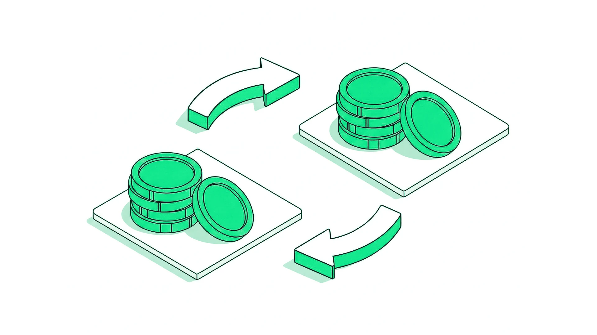 Two stacks of coins on two platforms, with arrows exchanging between them, the cover of this guide