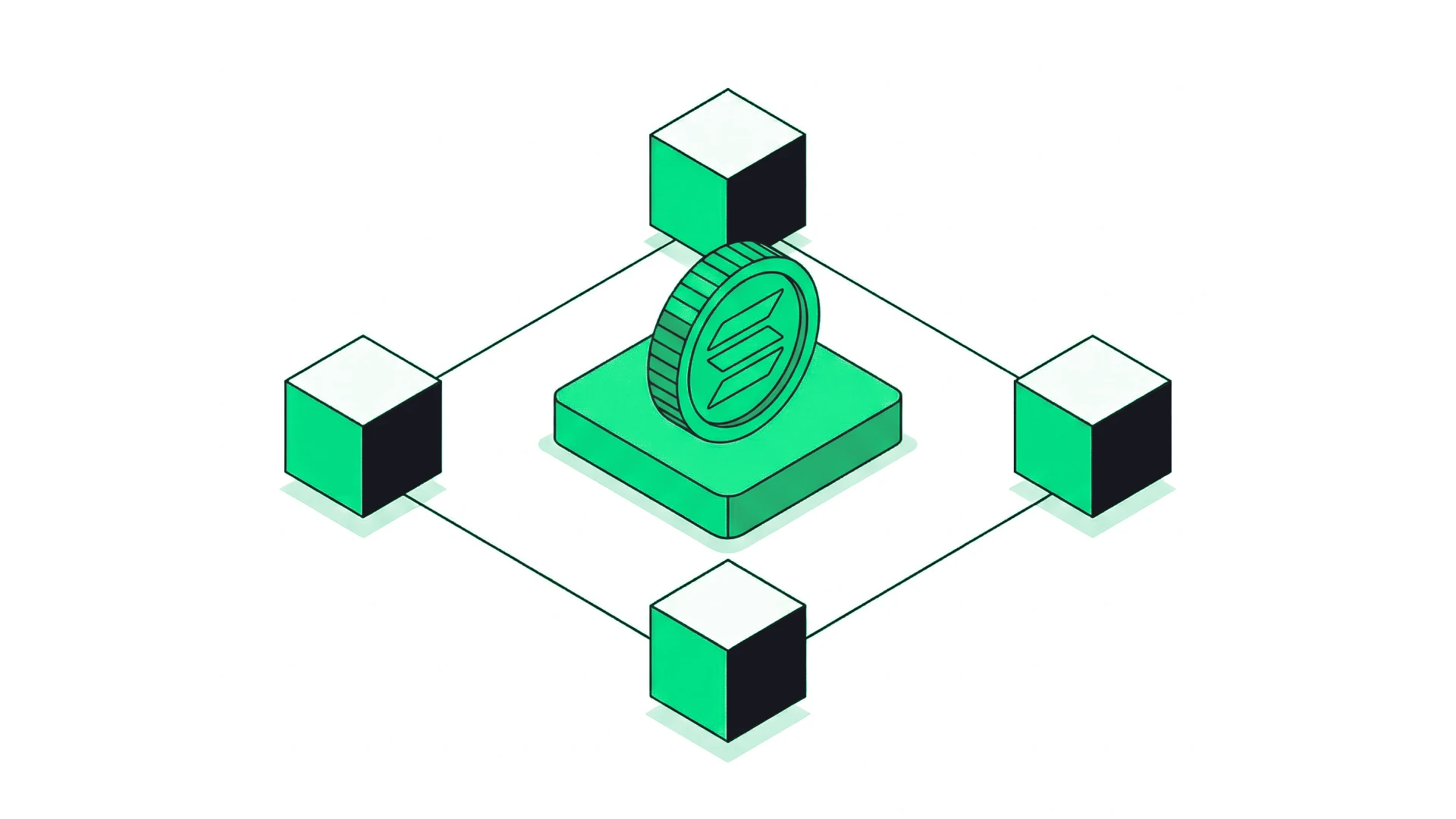 A Solana coin on a platform linked to four blocks, the cover of this guide