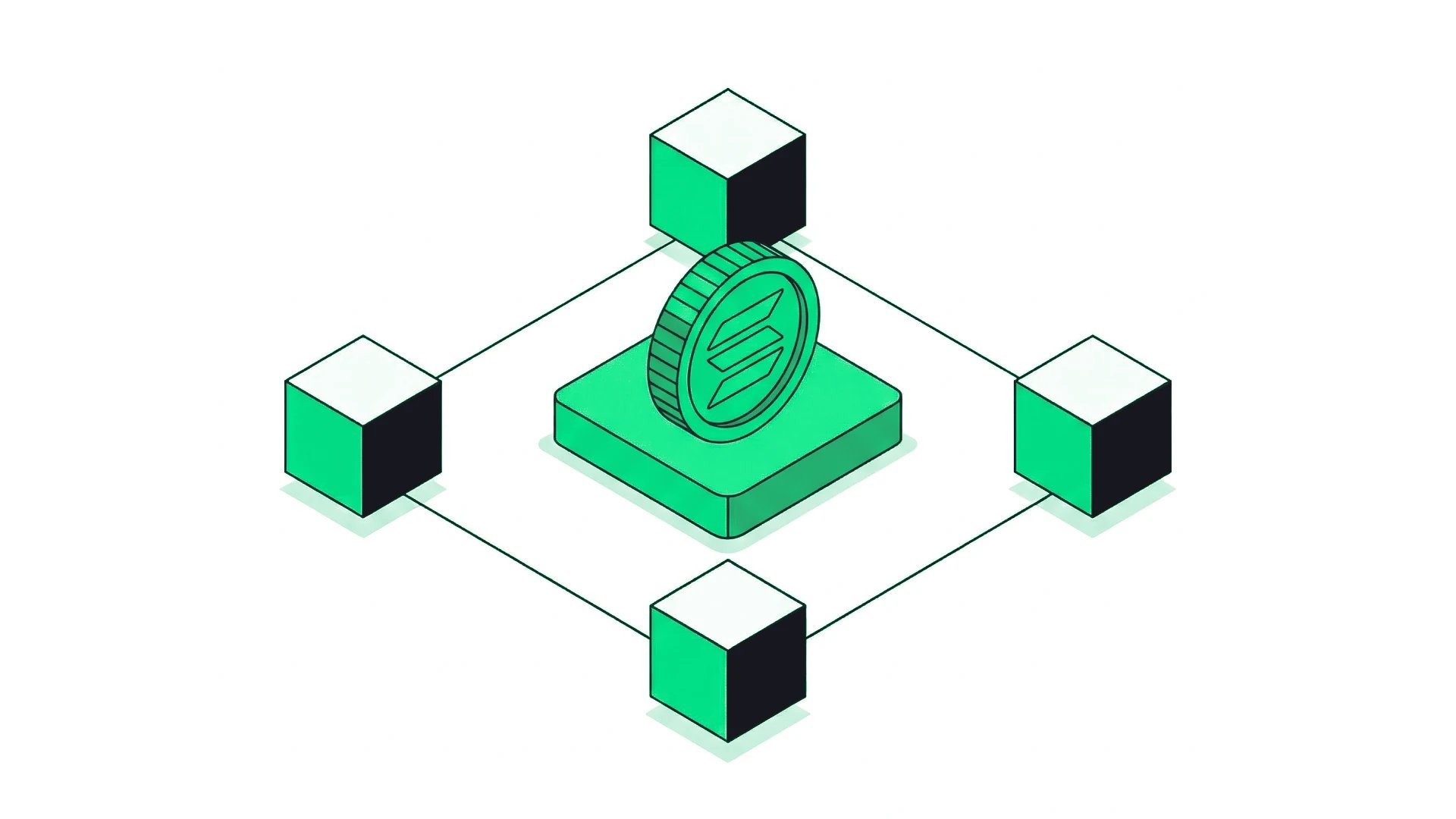 A Solana coin on a platform linked to four blocks, the cover of this guide