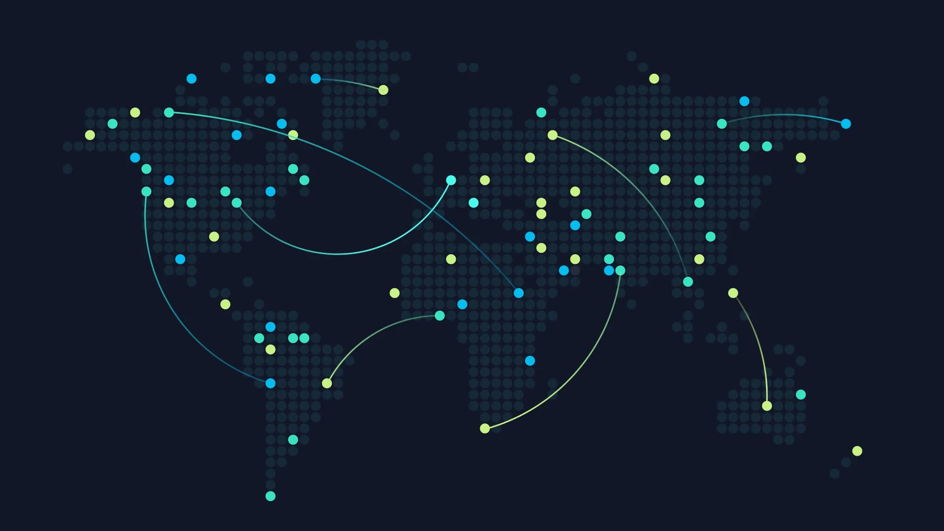 A world map with nodes in many countries, linked to each other
