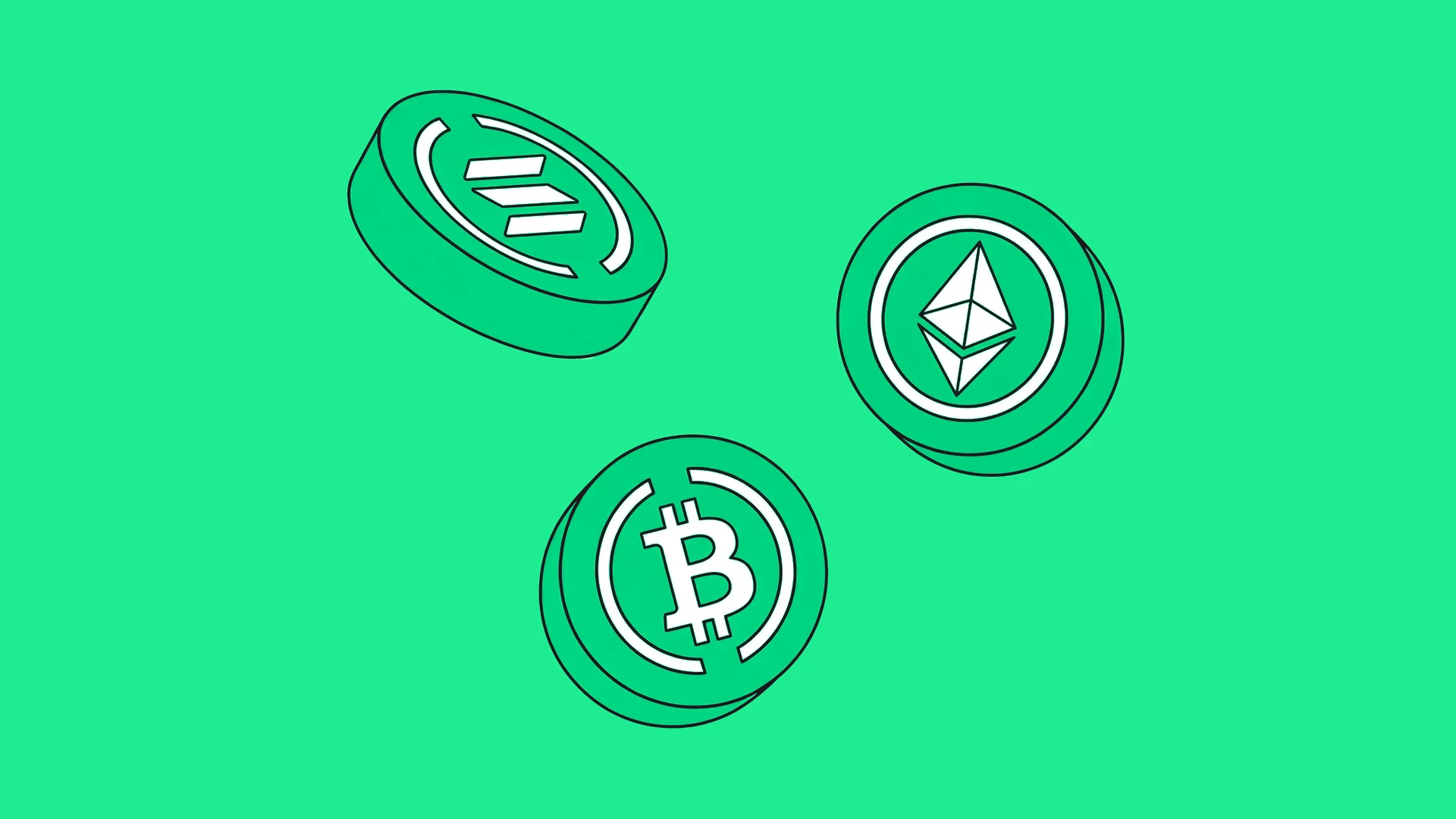 Bitcoin, Ethereum and Solana coins floating on a green background, the cover of this guide