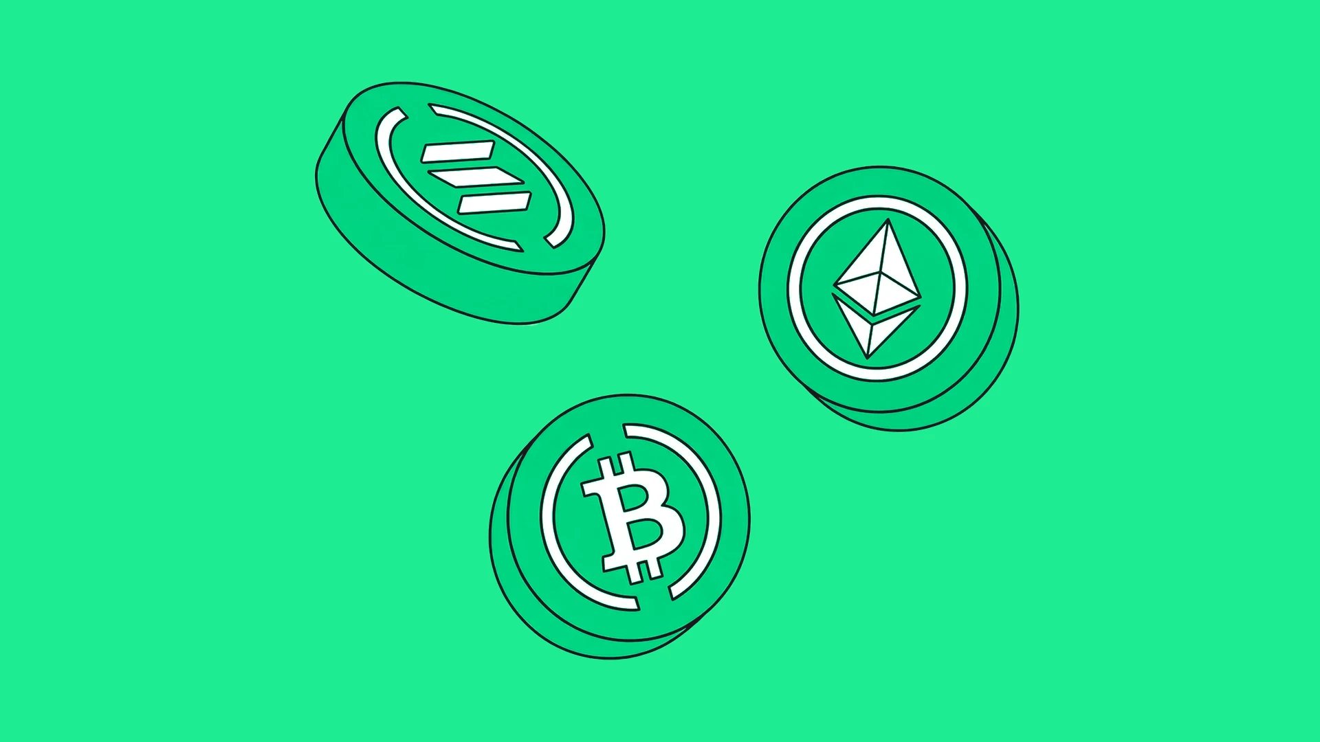 Bitcoin, Ethereum and Solana coins floating on a green background, the cover of this guide