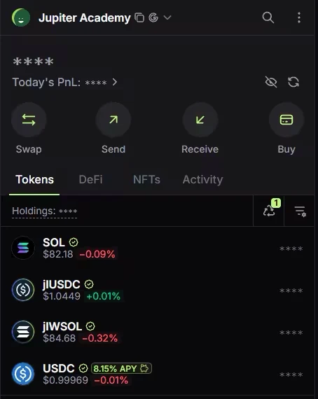 Jupiter Wallet main screen with Swap, Send, Receive and Buy, and the Tokens tab open