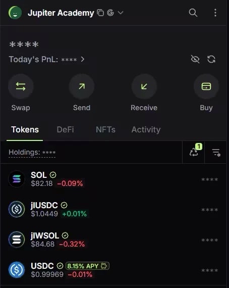 Jupiter Wallet main screen with Swap, Send, Receive and Buy, and the Tokens tab open