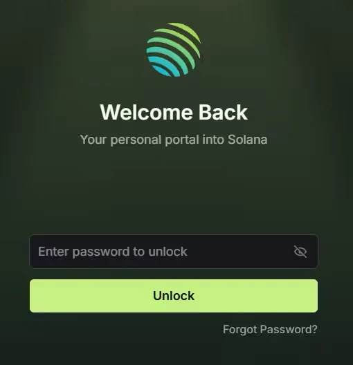 Jupiter Wallet unlock screen with the password field, the Unlock button and Forgot Password