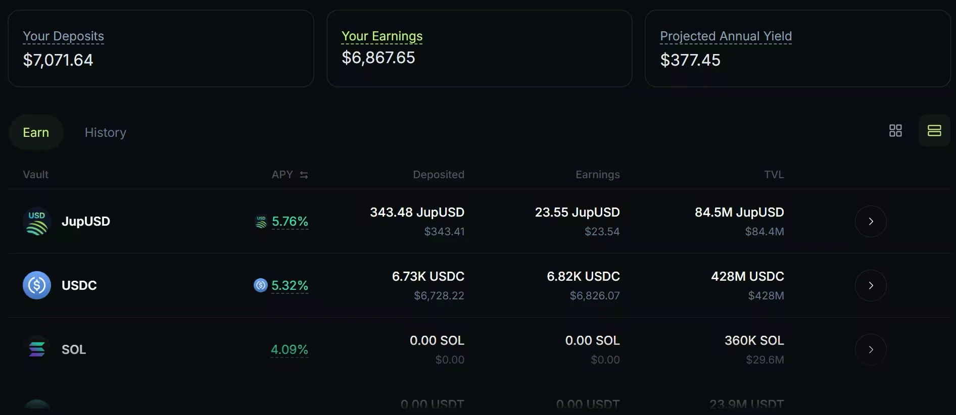 The Earn page with Your Deposits, Your Earnings and Projected Annual Yield at the top, and the vault list with the Vault, APY, Deposited, Earnings and TVL columns