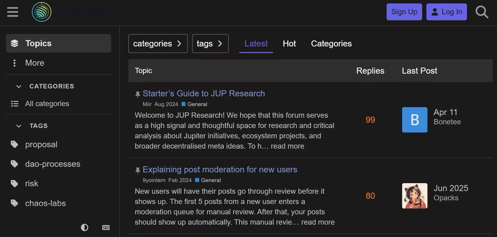 The Jupiter Forum home page with its categories, tags and latest topics