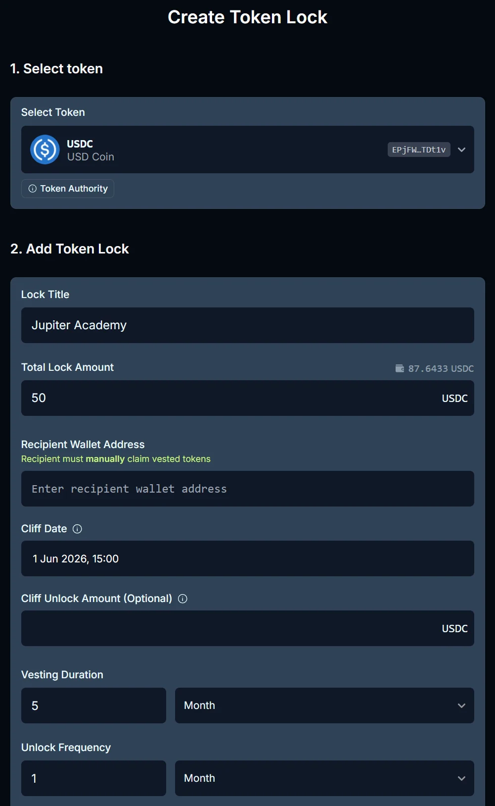 The Create Token Lock form with the token selector, Lock Title, Total Lock Amount, Recipient Wallet Address, Cliff Date, Cliff Unlock Amount, Vesting Duration and Unlock Frequency fields