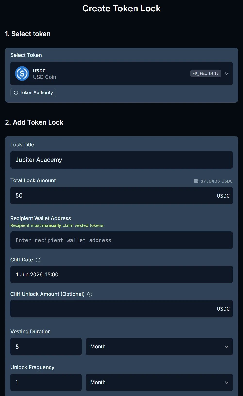 The Create Token Lock form with the token selector, Lock Title, Total Lock Amount, Recipient Wallet Address, Cliff Date, Cliff Unlock Amount, Vesting Duration and Unlock Frequency fields