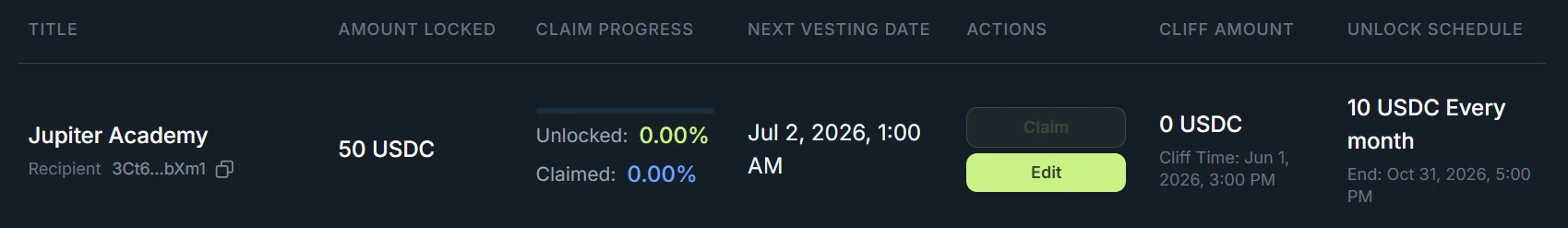 A Jupiter Lock row with its title, amount locked, claim progress, next vesting date, Claim and Edit buttons, cliff amount and unlock schedule
