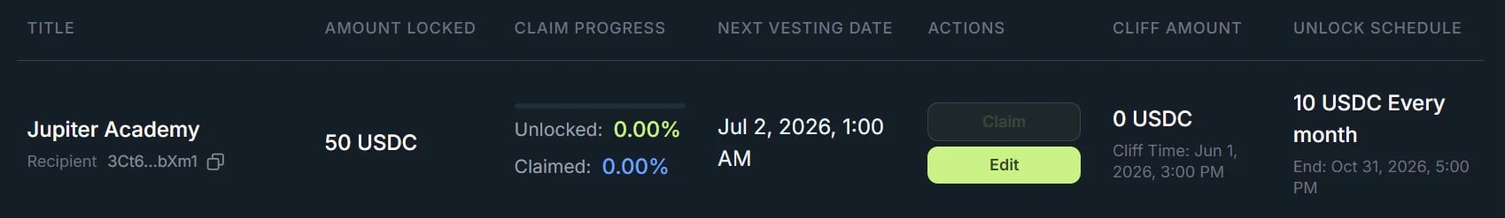 A Jupiter Lock row with its title, amount locked, claim progress, next vesting date, Claim and Edit buttons, cliff amount and unlock schedule