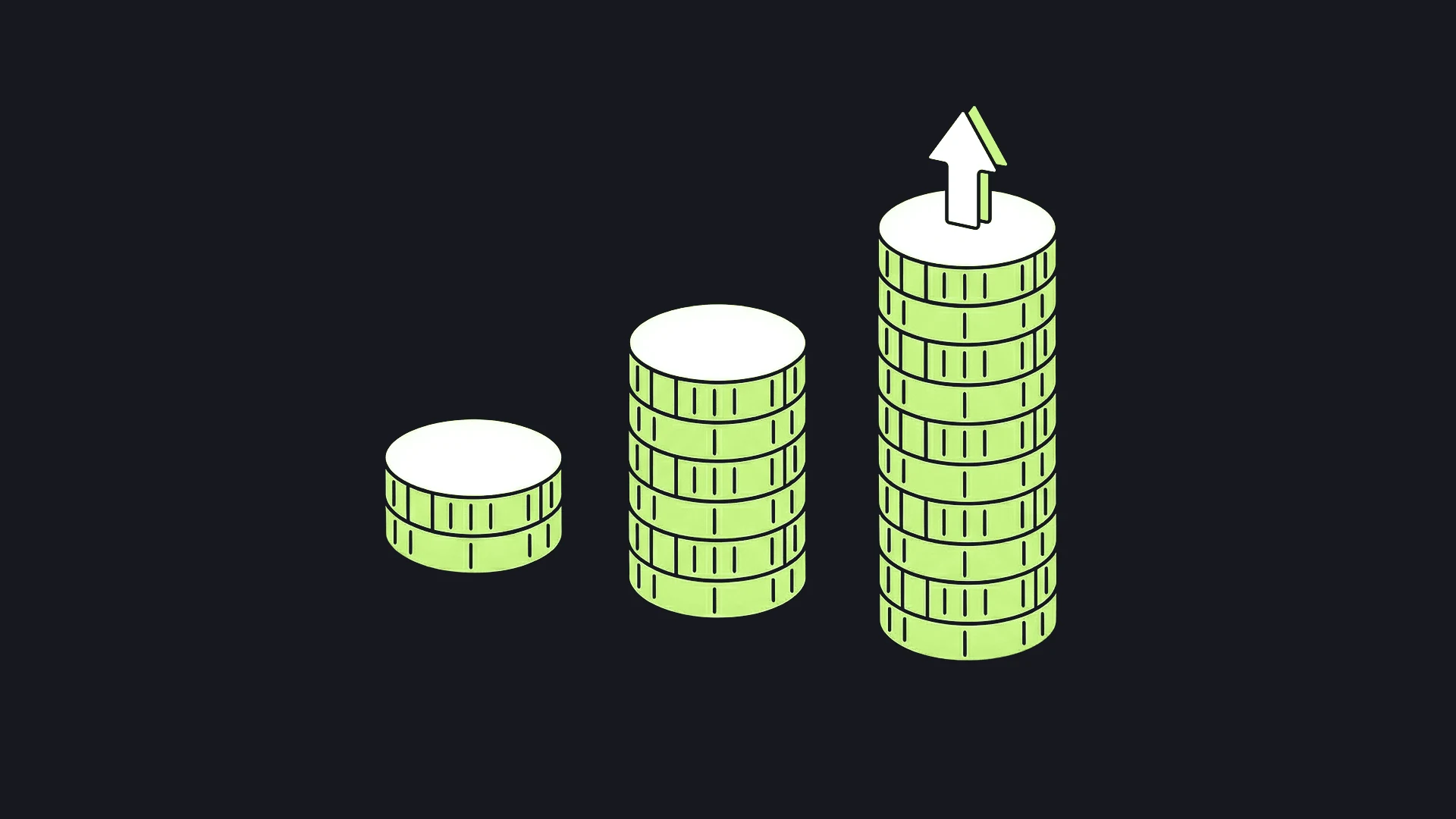 Three stacks of coins growing taller, with an arrow pointing up, the cover of this guide