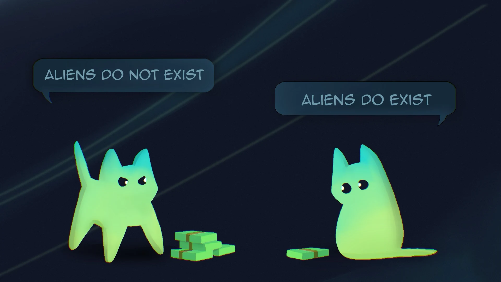 Two cartoon cats facing each other over piles of cash, one saying "Aliens do not exist", the other "Aliens do exist"