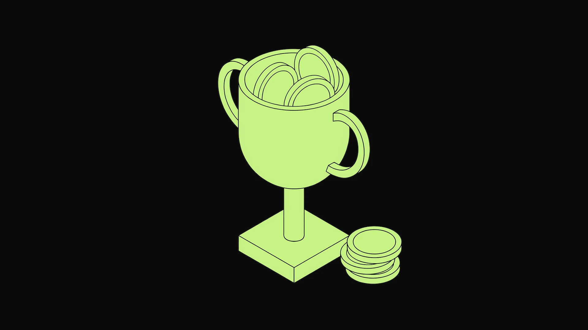 A trophy filled with coins, with a stack of coins at its base, the cover of this guide