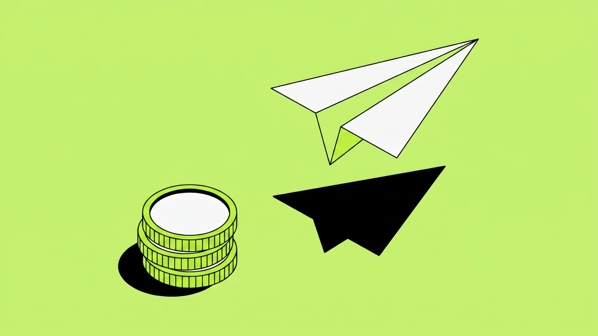 A paper airplane taking off next to a stack of coins, the cover of this guide