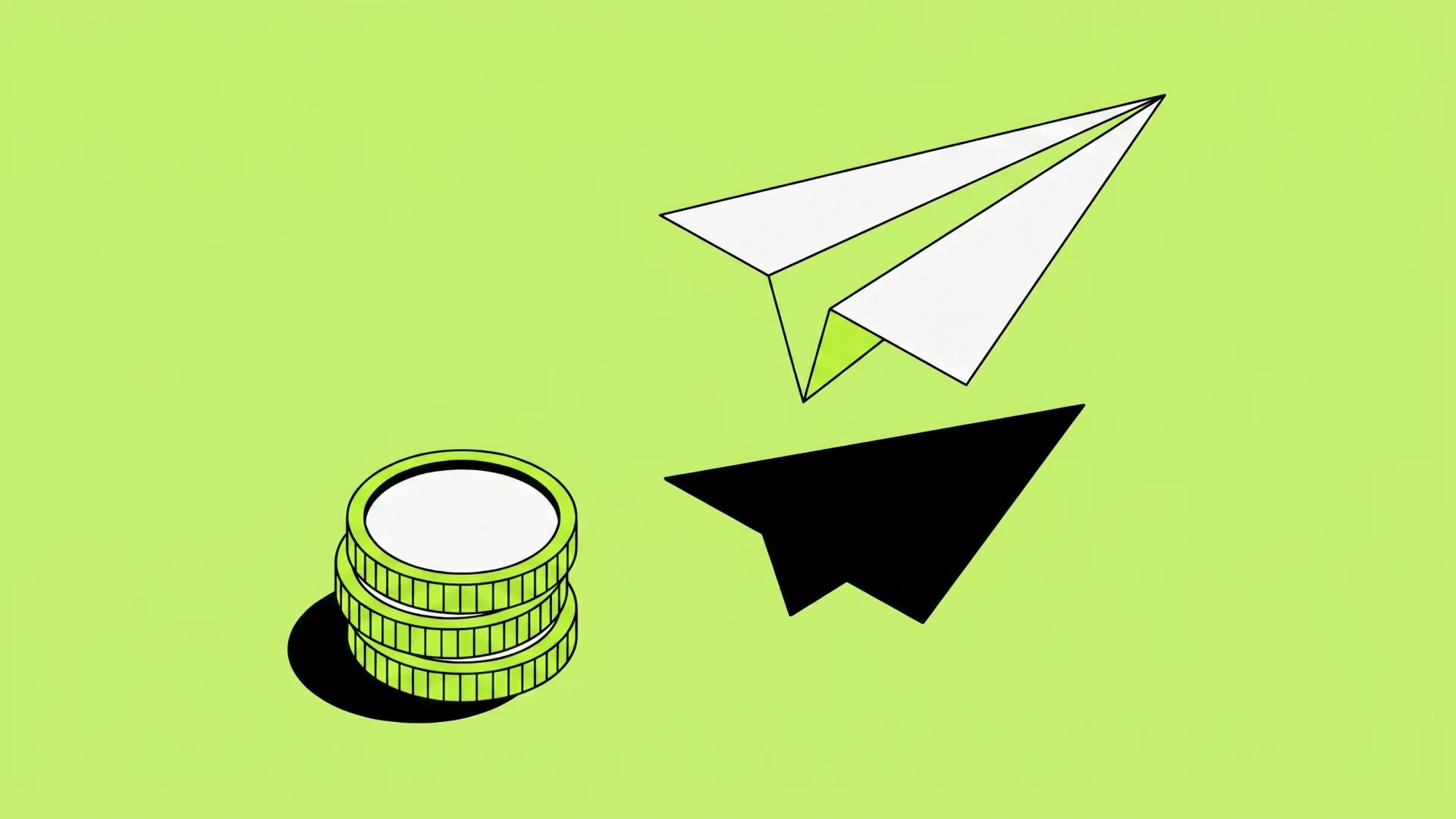 A paper airplane taking off next to a stack of coins, the cover of this guide