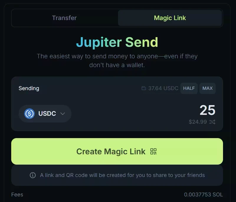 The Jupiter Send form on the Magic Link tab, with the Create Magic Link button and the Fees row