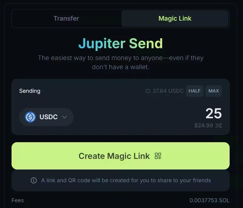The Jupiter Send form on the Magic Link tab, with the Create Magic Link button and the Fees row
